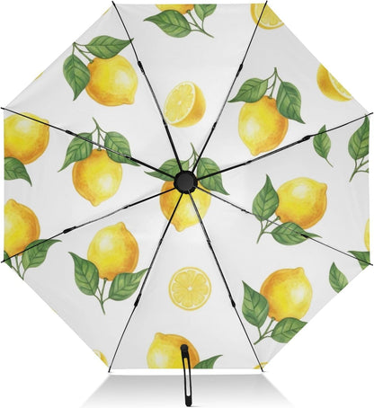 Yellow Lemons Green Leaves Folding Umbrella, Automatic Open Close Compact Travel Umbrella for Rain and Sun, Windproof Waterproof Portable Umbrella for Women Men Adults