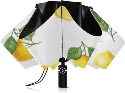 Yellow Lemons Green Leaves Folding Umbrella, Automatic Open Close Compact Travel Umbrella for Rain and Sun, Windproof Waterproof Portable Umbrella for Women Men Adults