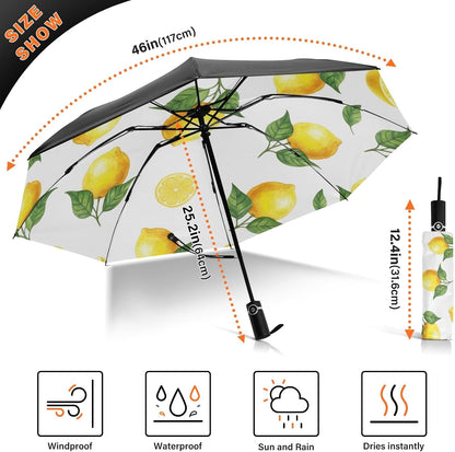 Yellow Lemons Green Leaves Folding Umbrella, Automatic Open Close Compact Travel Umbrella for Rain and Sun, Windproof Waterproof Portable Umbrella for Women Men Adults