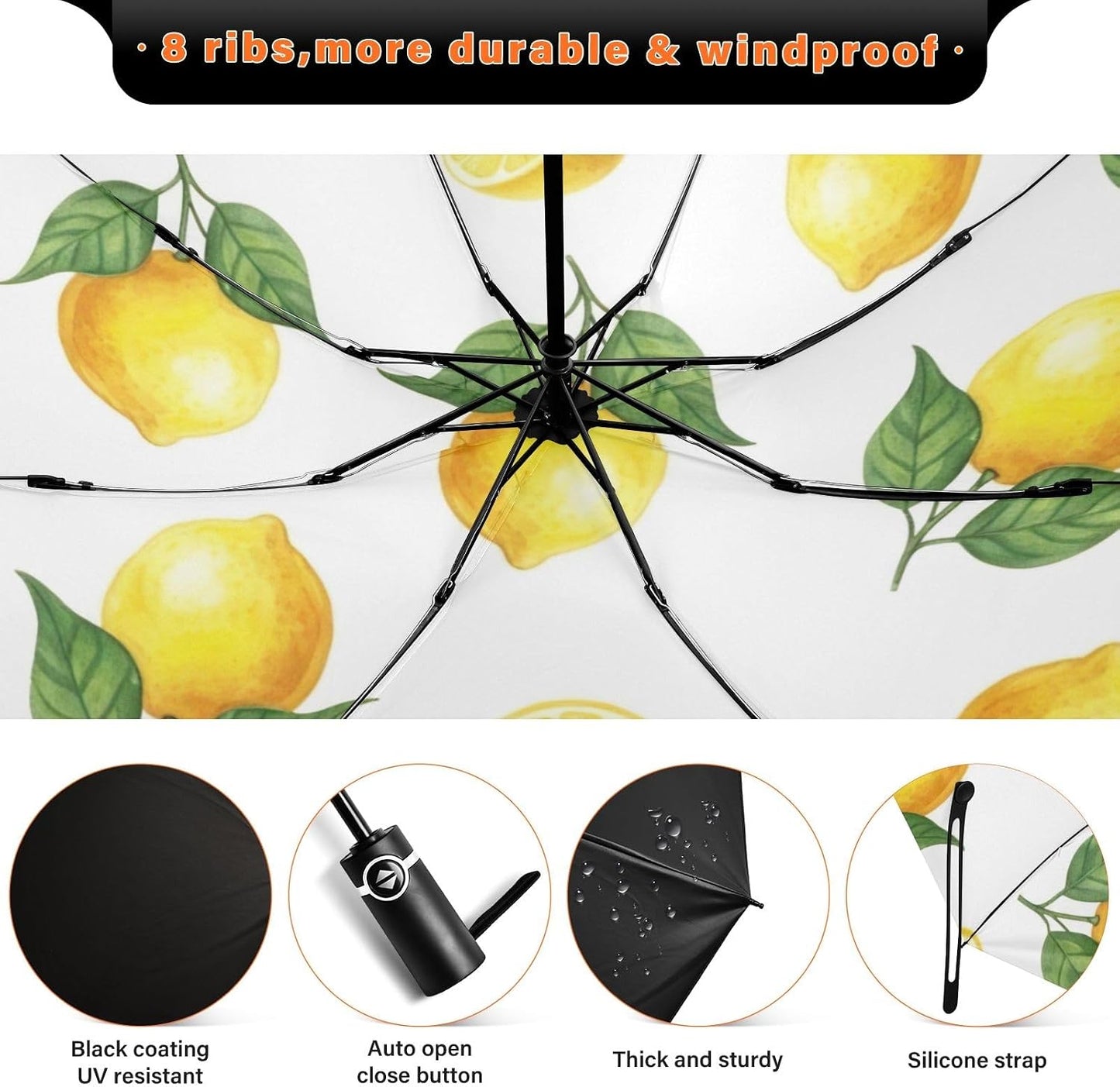 Yellow Lemons Green Leaves Folding Umbrella, Automatic Open Close Compact Travel Umbrella for Rain and Sun, Windproof Waterproof Portable Umbrella for Women Men Adults