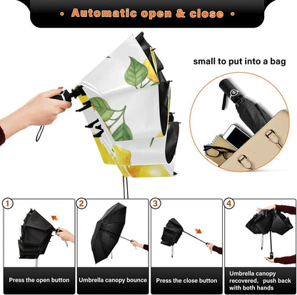 Yellow Lemons Green Leaves Folding Umbrella, Automatic Open Close Compact Travel Umbrella for Rain and Sun, Windproof Waterproof Portable Umbrella for Women Men Adults