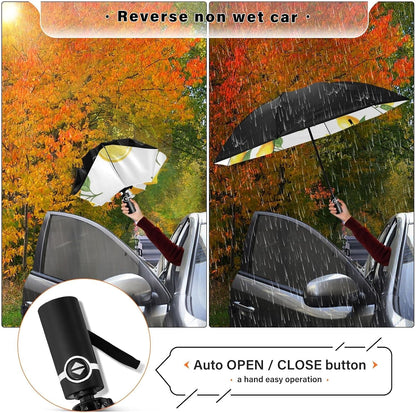 Yellow Lemons Green Leaves Folding Umbrella, Automatic Open Close Compact Travel Umbrella for Rain and Sun, Windproof Waterproof Portable Umbrella for Women Men Adults