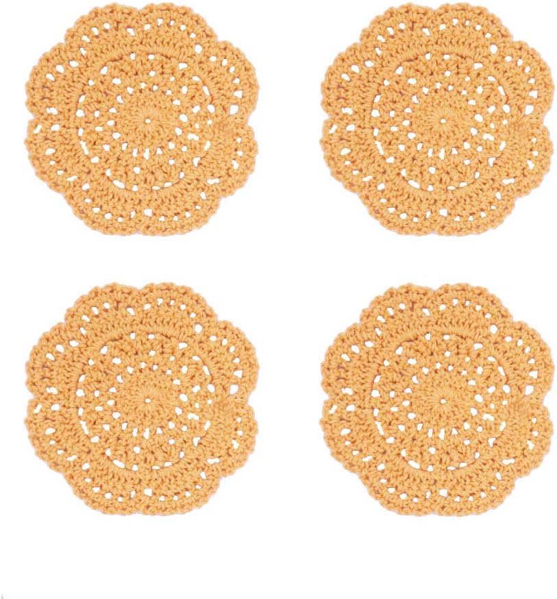 Lace Round Crochet Doilies Handmade Coasters, 4-Inch, Pack of 4 (Ginger Yellow)