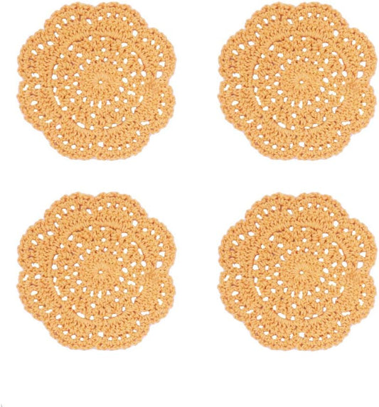 Lace Round Crochet Doilies Handmade Coasters, 4-Inch, Pack of 4 (Ginger Yellow)