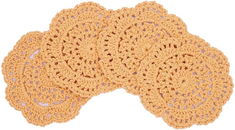 Lace Round Crochet Doilies Handmade Coasters, 4-Inch, Pack of 4 (Ginger Yellow)
