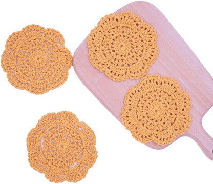 Lace Round Crochet Doilies Handmade Coasters, 4-Inch, Pack of 4 (Ginger Yellow)