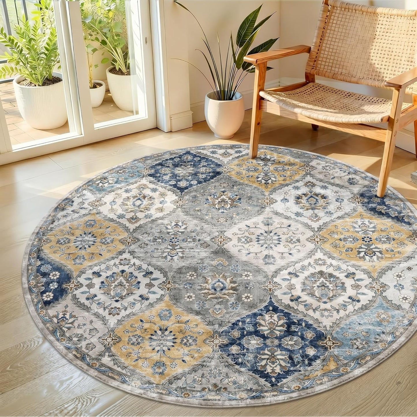 Washable Round Rug 4ft Moroccan Trellis Washable Area Rug, Stain Resistant Non-Slip Circle Rug Vintage Distressed Round Throw Carpet for Living Room Bedroom Kids Room Playroom, Blue/Yellow