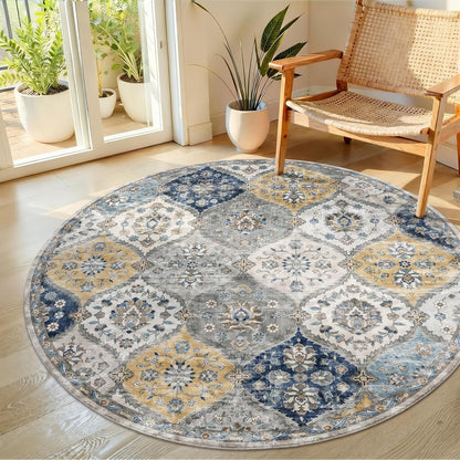 Washable Round Rug 4ft Moroccan Trellis Washable Area Rug, Stain Resistant Non-Slip Circle Rug Vintage Distressed Round Throw Carpet for Living Room Bedroom Kids Room Playroom, Blue/Yellow