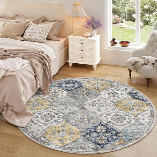 Washable Round Rug 4ft Moroccan Trellis Washable Area Rug, Stain Resistant Non-Slip Circle Rug Vintage Distressed Round Throw Carpet for Living Room Bedroom Kids Room Playroom, Blue/Yellow
