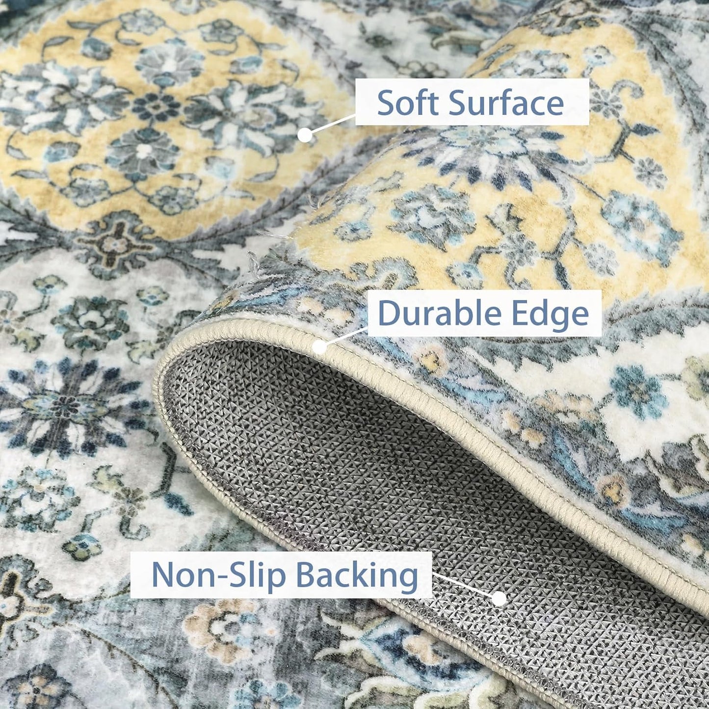 Washable Round Rug 4ft Moroccan Trellis Washable Area Rug, Stain Resistant Non-Slip Circle Rug Vintage Distressed Round Throw Carpet for Living Room Bedroom Kids Room Playroom, Blue/Yellow