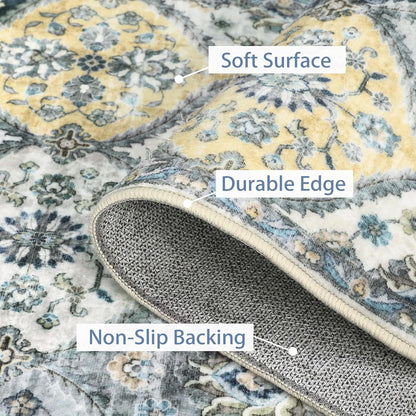 Washable Round Rug 4ft Moroccan Trellis Washable Area Rug, Stain Resistant Non-Slip Circle Rug Vintage Distressed Round Throw Carpet for Living Room Bedroom Kids Room Playroom, Blue/Yellow