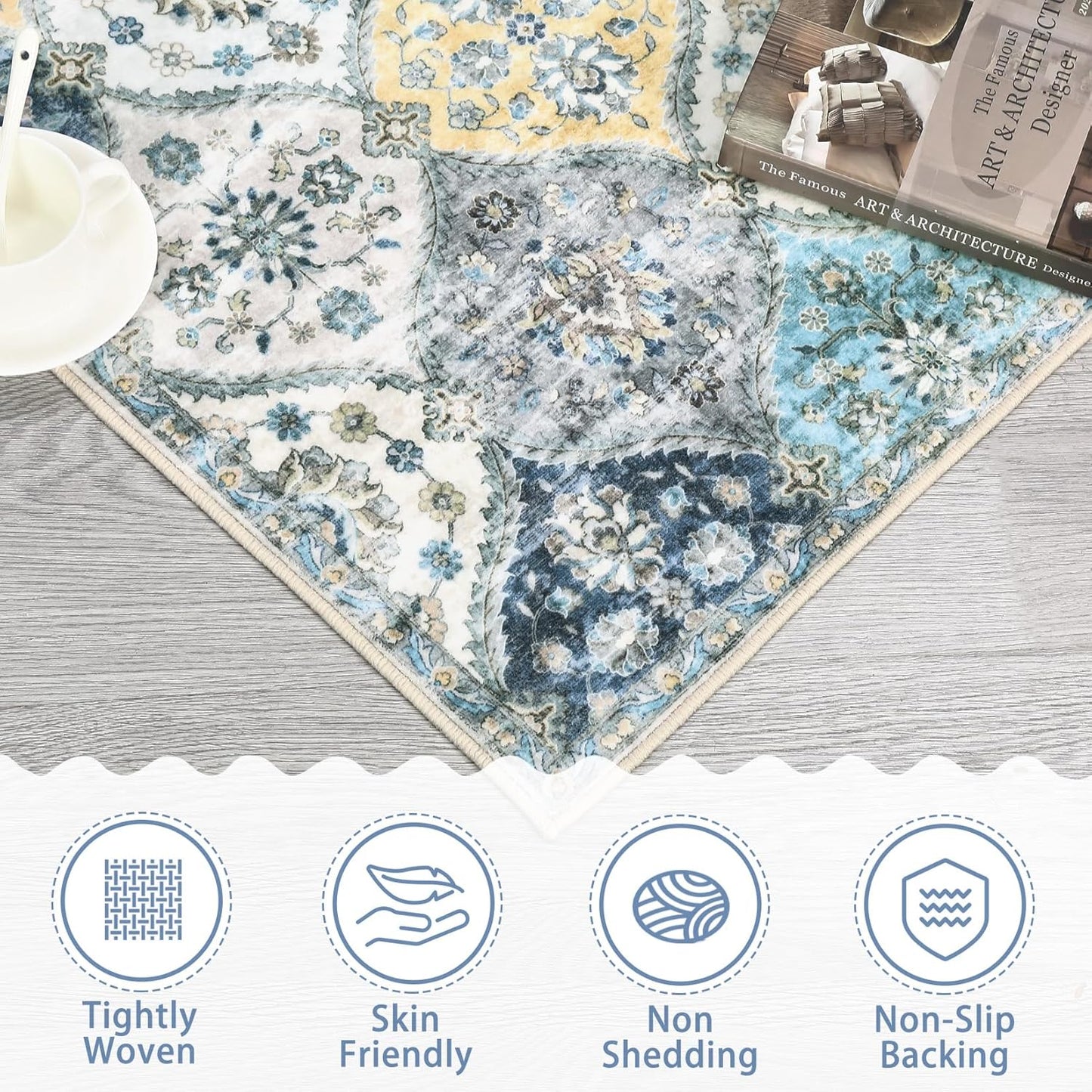 Washable Round Rug 4ft Moroccan Trellis Washable Area Rug, Stain Resistant Non-Slip Circle Rug Vintage Distressed Round Throw Carpet for Living Room Bedroom Kids Room Playroom, Blue/Yellow