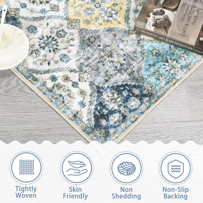 Washable Round Rug 4ft Moroccan Trellis Washable Area Rug, Stain Resistant Non-Slip Circle Rug Vintage Distressed Round Throw Carpet for Living Room Bedroom Kids Room Playroom, Blue/Yellow