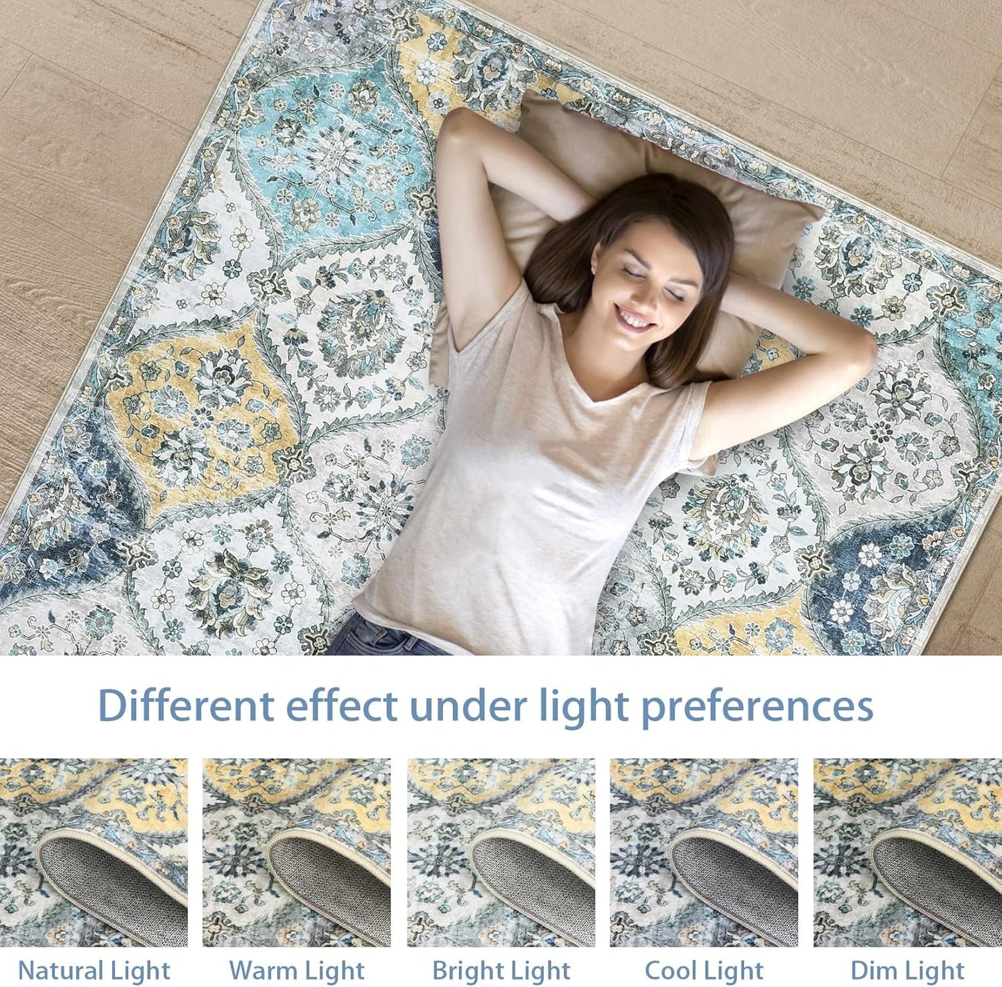 Washable Round Rug 4ft Moroccan Trellis Washable Area Rug, Stain Resistant Non-Slip Circle Rug Vintage Distressed Round Throw Carpet for Living Room Bedroom Kids Room Playroom, Blue/Yellow