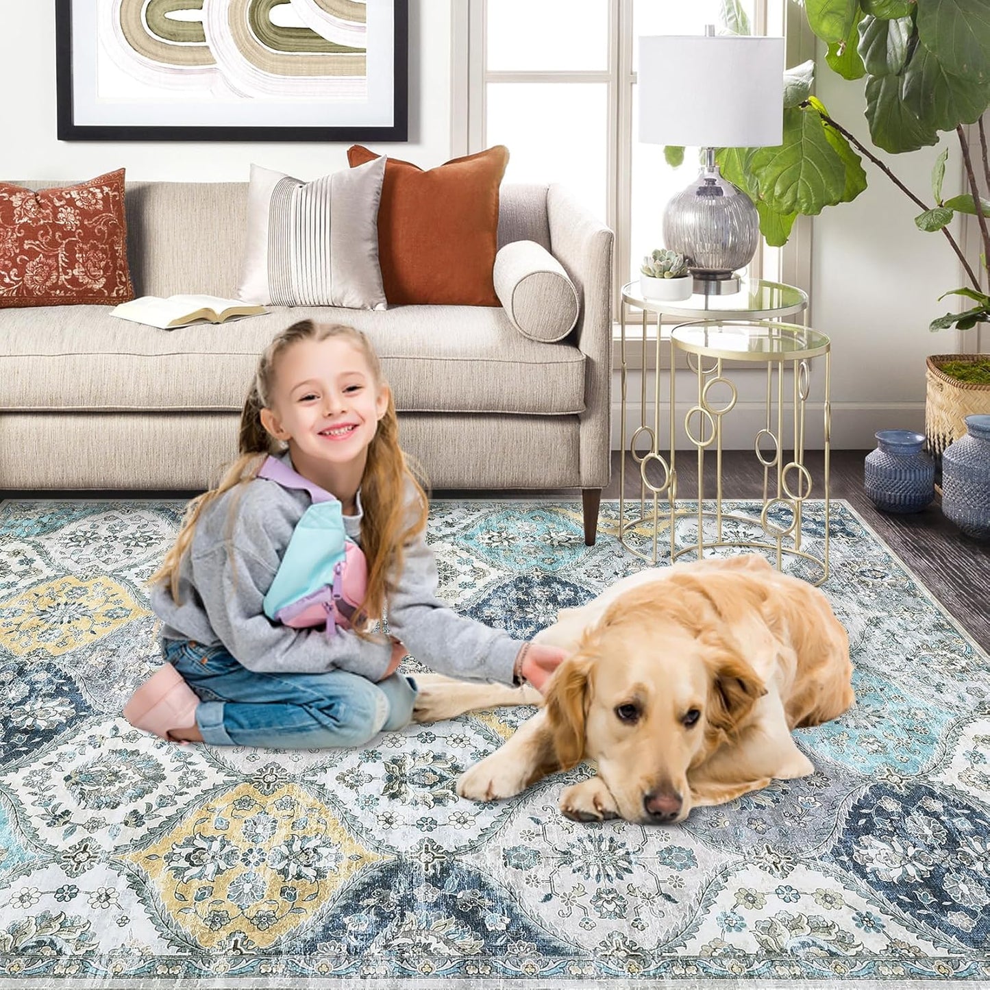 Washable Round Rug 4ft Moroccan Trellis Washable Area Rug, Stain Resistant Non-Slip Circle Rug Vintage Distressed Round Throw Carpet for Living Room Bedroom Kids Room Playroom, Blue/Yellow