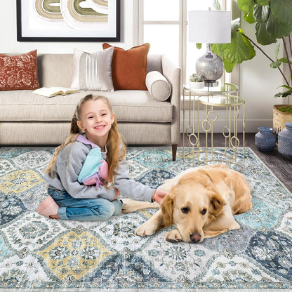 Washable Round Rug 4ft Moroccan Trellis Washable Area Rug, Stain Resistant Non-Slip Circle Rug Vintage Distressed Round Throw Carpet for Living Room Bedroom Kids Room Playroom, Blue/Yellow