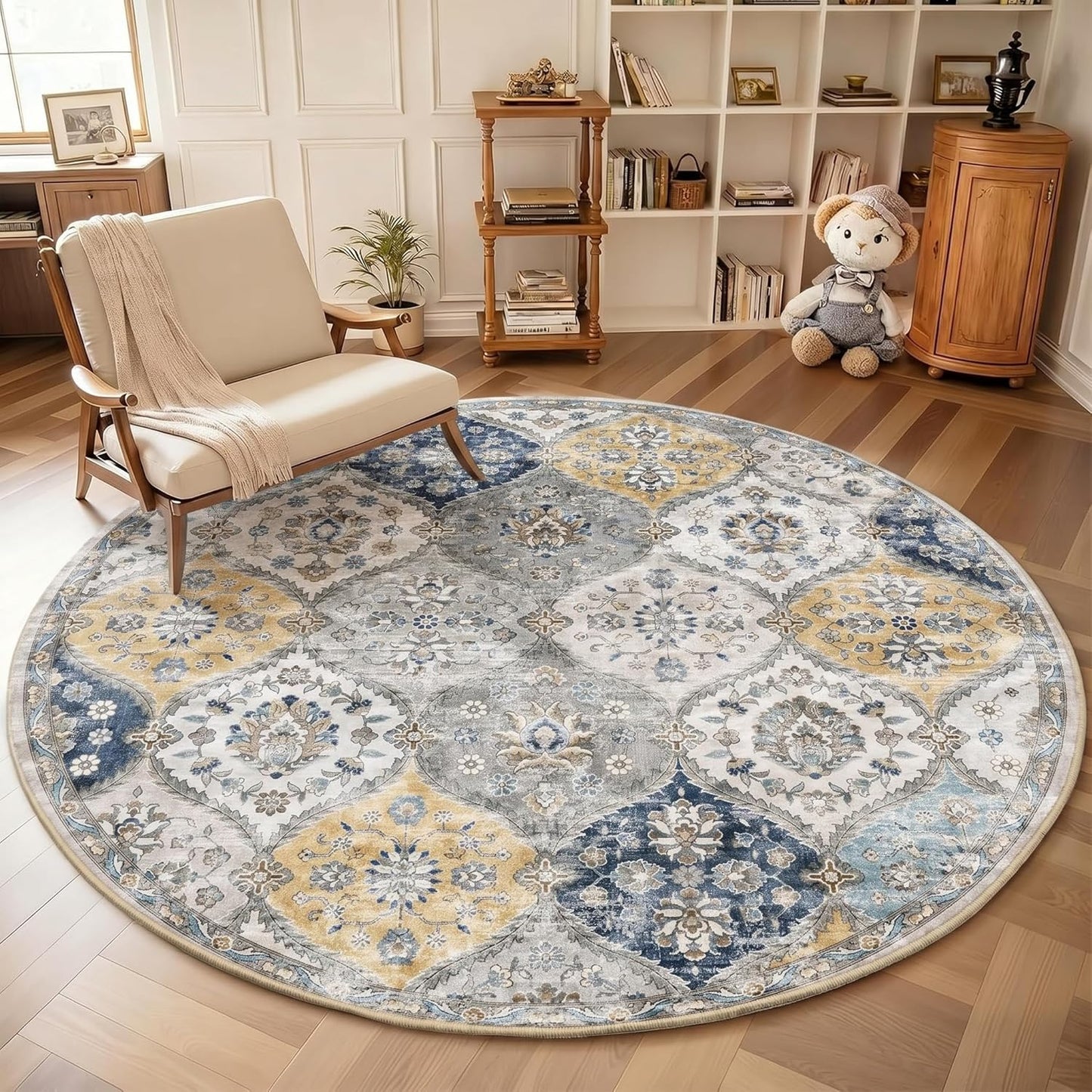 Washable Round Rug 4ft Moroccan Trellis Washable Area Rug, Stain Resistant Non-Slip Circle Rug Vintage Distressed Round Throw Carpet for Living Room Bedroom Kids Room Playroom, Blue/Yellow