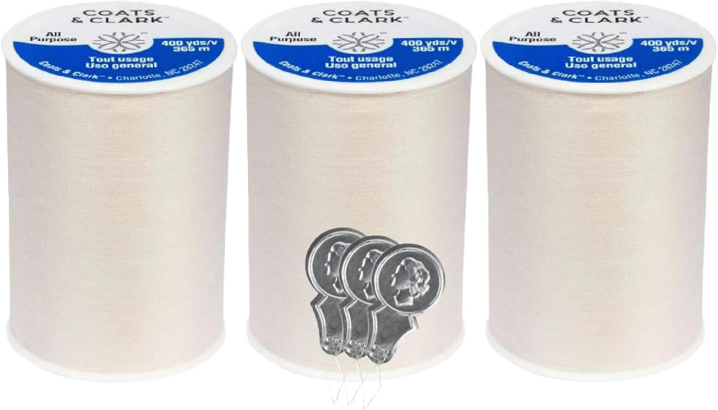Coats & Clark Dual Duty All Purpose Sewing Thread 230A 400 Yards Each Spool 3 Pack Bundle with Needle Threaders (Natural)