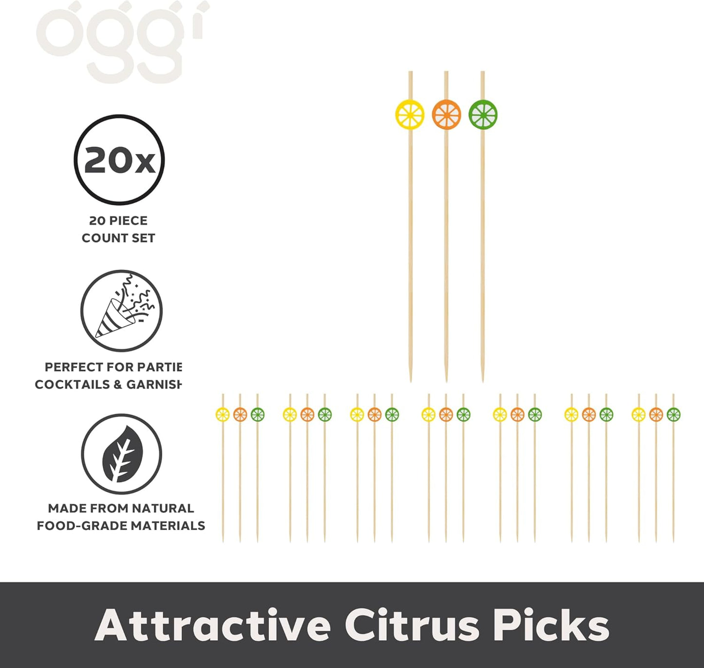 Citrus Cocktail Picks 20 pcs - Lemon, Orange & Lime - Wooden, Reusable, 4.5" / 11.5cm