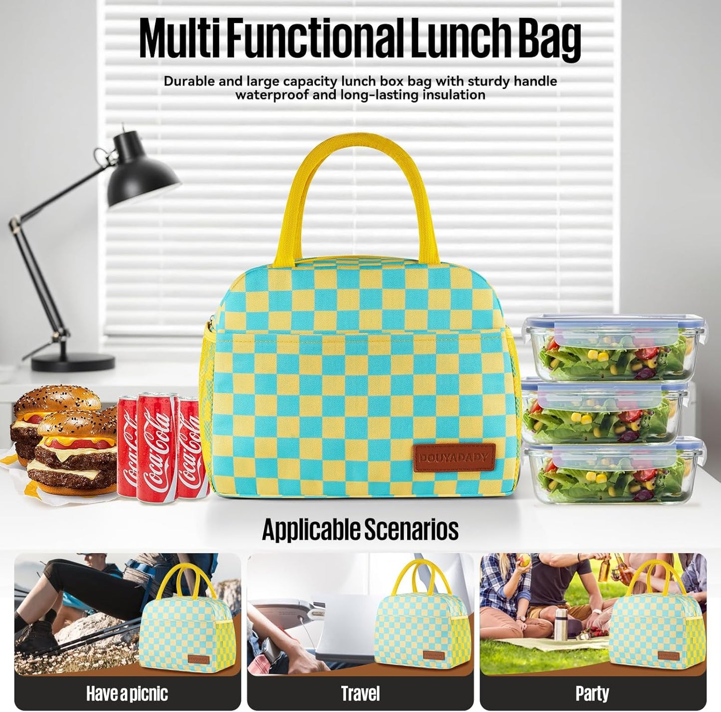 Lunch Bag Women/Men Lunch Box Women/Men (Yellow+Blue Checkerboard) | Spacious Lightweight Waterproof Sturdy Durable Great Value For Office Work School Picnic Travel