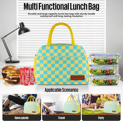 Lunch Bag Women/Men Lunch Box Women/Men (Yellow+Blue Checkerboard) | Spacious Lightweight Waterproof Sturdy Durable Great Value For Office Work School Picnic Travel