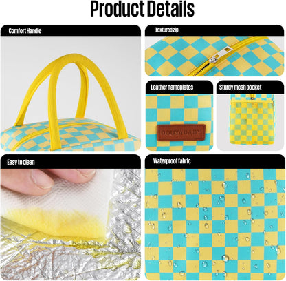 Lunch Bag Women/Men Lunch Box Women/Men (Yellow+Blue Checkerboard) | Spacious Lightweight Waterproof Sturdy Durable Great Value For Office Work School Picnic Travel