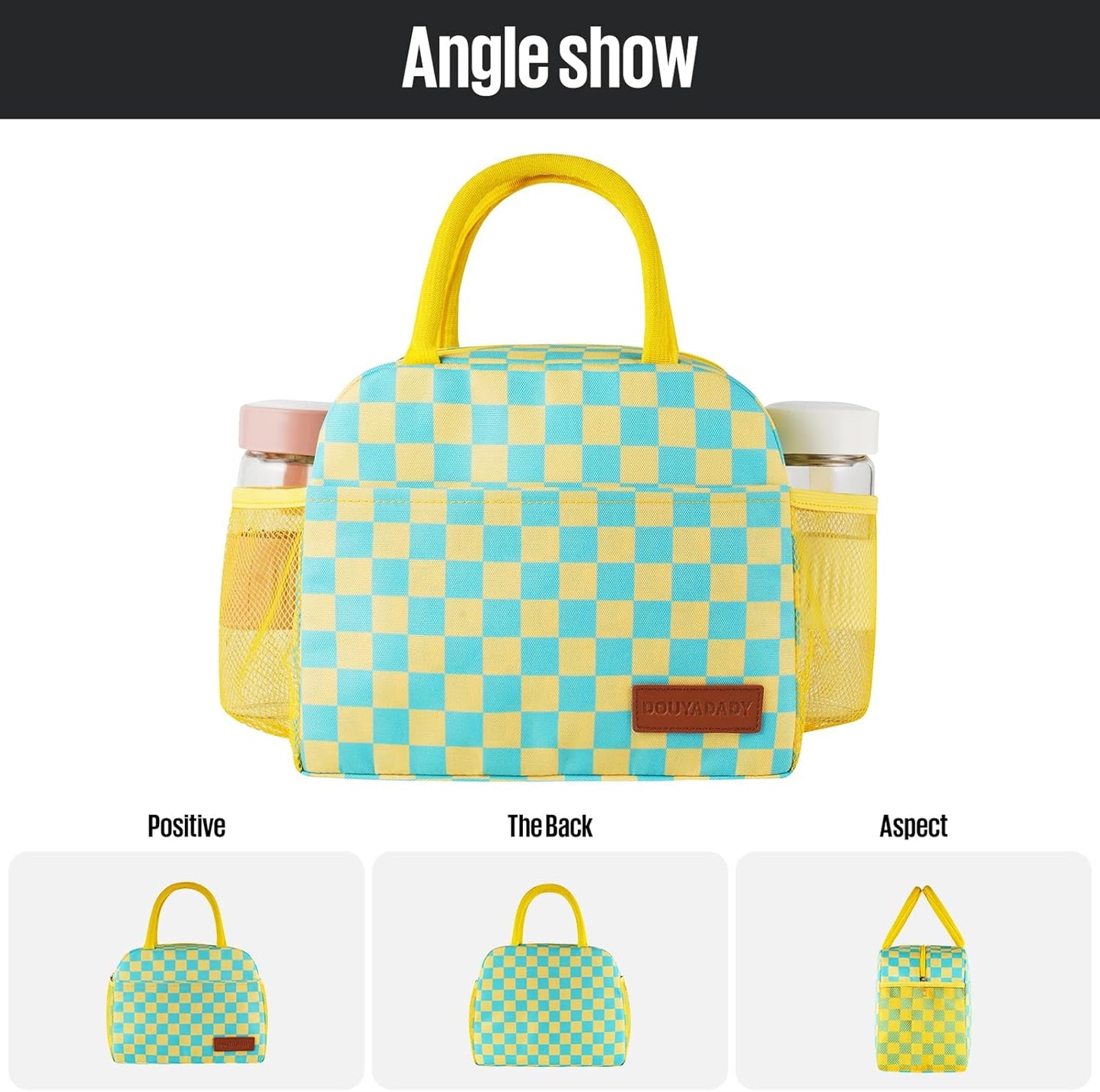 Lunch Bag Women/Men Lunch Box Women/Men (Yellow+Blue Checkerboard) | Spacious Lightweight Waterproof Sturdy Durable Great Value For Office Work School Picnic Travel