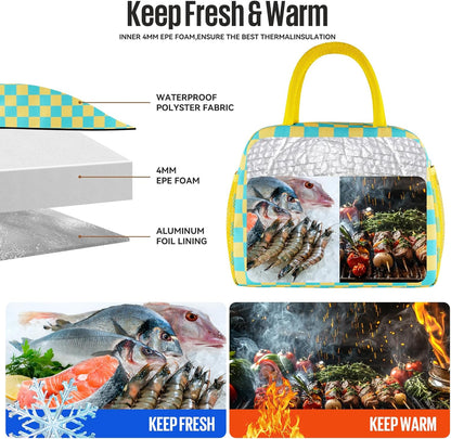 Lunch Bag Women/Men Lunch Box Women/Men (Yellow+Blue Checkerboard) | Spacious Lightweight Waterproof Sturdy Durable Great Value For Office Work School Picnic Travel