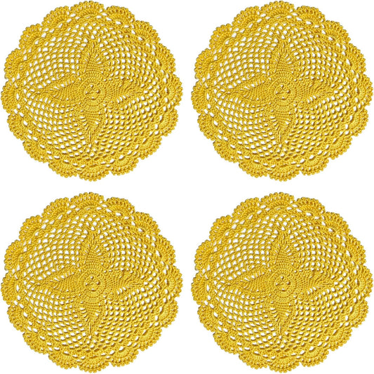 Vintage Flower Crochet Lace Doilies Afternoon Tea Coffee Cup Coasters Round Placemat Rustic Table Decor Mats (4PCS,10" to 11", Yellow)