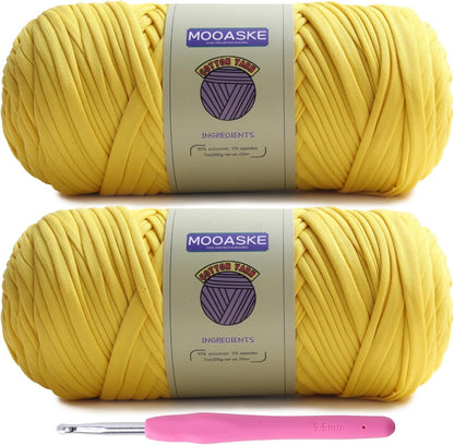 2 Pack T-Shirt Crochet Yarn for DIY Knitting Crochet Cloth Blanket Bag Dolls - 400g Chunky Thick Yarn for Crocheting with Polyester-Spandex Blend Elastic Fabric (Yellow)