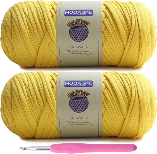 2 Pack T-Shirt Crochet Yarn for DIY Knitting Crochet Cloth Blanket Bag Dolls - 400g Chunky Thick Yarn for Crocheting with Polyester-Spandex Blend Elastic Fabric (Yellow)