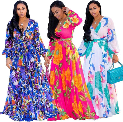 Nuofengkudu Womens Chiffon Deep V-Neck Maxi Dress Summer Boho Dresses(S-5XL)