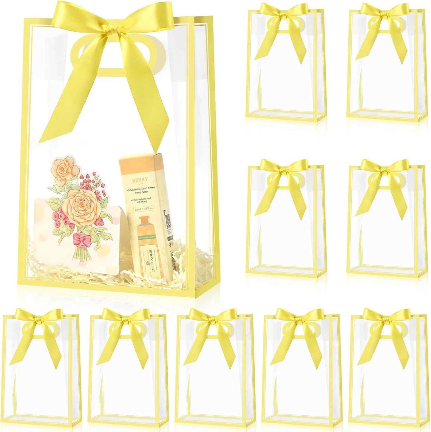 Yellow Plastic Gift Bags with Handles, 12 Pack | With Ribbon, Clear, 7.1 x 3.1 x 10.2 Inch, For Party Favor, Goodie, Birthday, Wedding, Bachelorette Party