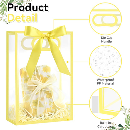 Yellow Plastic Gift Bags with Handles, 12 Pack | With Ribbon, Clear, 7.1 x 3.1 x 10.2 Inch, For Party Favor, Goodie, Birthday, Wedding, Bachelorette Party