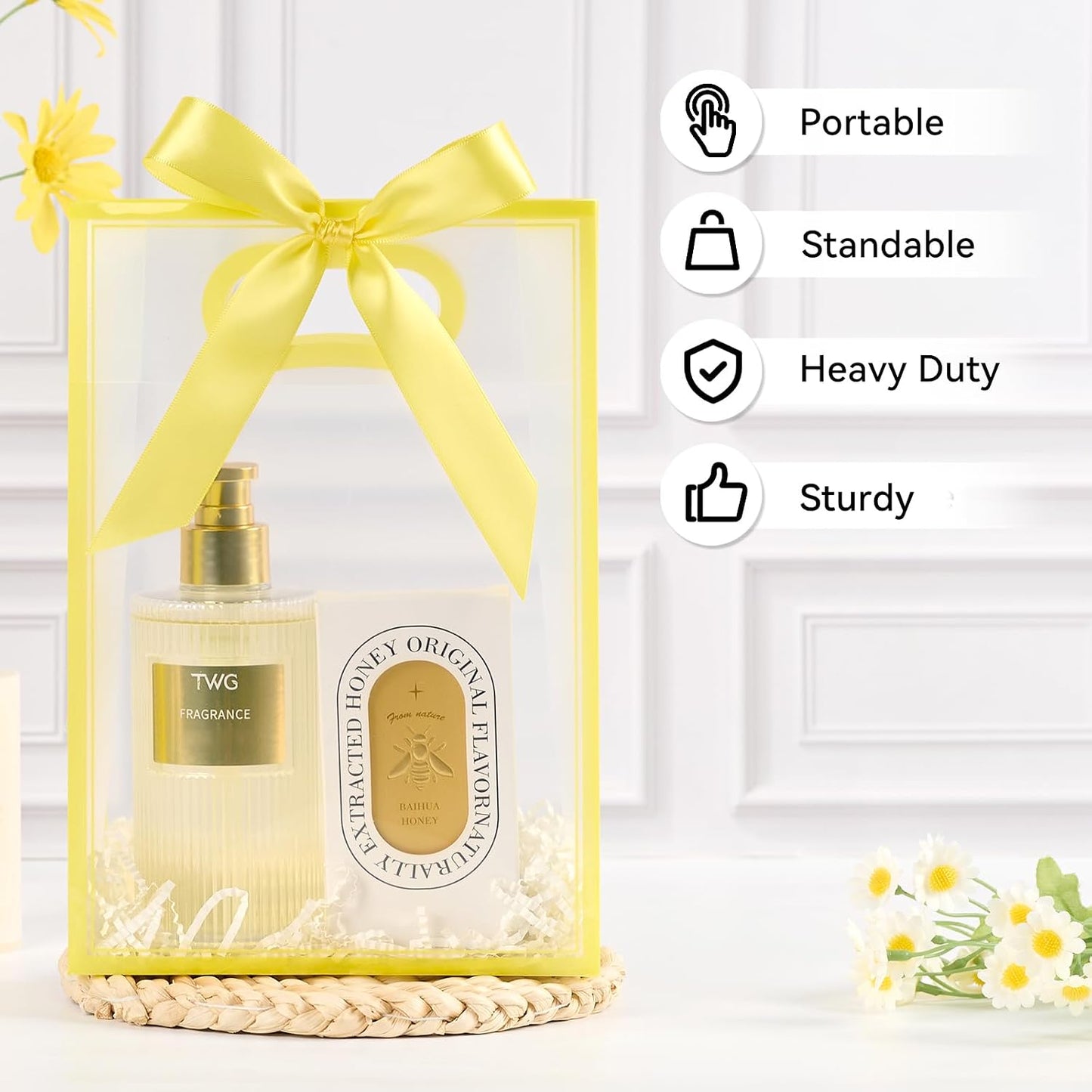 Yellow Plastic Gift Bags with Handles, 12 Pack | With Ribbon, Clear, 7.1 x 3.1 x 10.2 Inch, For Party Favor, Goodie, Birthday, Wedding, Bachelorette Party