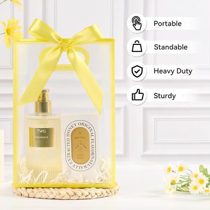 Yellow Plastic Gift Bags with Handles, 12 Pack | With Ribbon, Clear, 7.1 x 3.1 x 10.2 Inch, For Party Favor, Goodie, Birthday, Wedding, Bachelorette Party