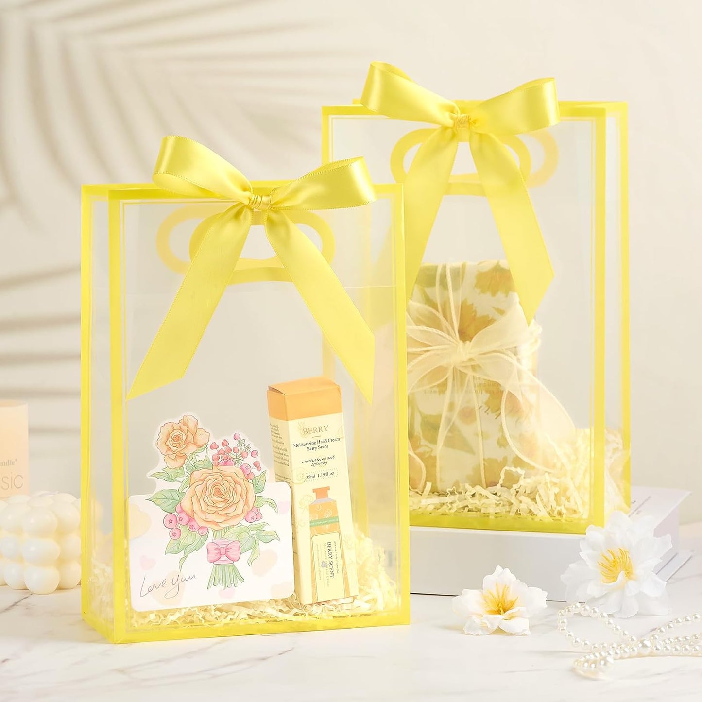 Yellow Plastic Gift Bags with Handles, 12 Pack | With Ribbon, Clear, 7.1 x 3.1 x 10.2 Inch, For Party Favor, Goodie, Birthday, Wedding, Bachelorette Party