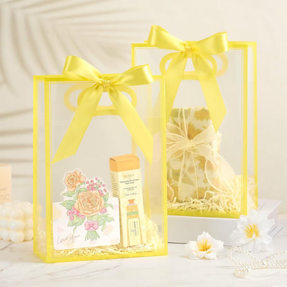 Yellow Plastic Gift Bags with Handles, 12 Pack | With Ribbon, Clear, 7.1 x 3.1 x 10.2 Inch, For Party Favor, Goodie, Birthday, Wedding, Bachelorette Party