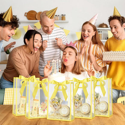 Yellow Plastic Gift Bags with Handles, 12 Pack | With Ribbon, Clear, 7.1 x 3.1 x 10.2 Inch, For Party Favor, Goodie, Birthday, Wedding, Bachelorette Party