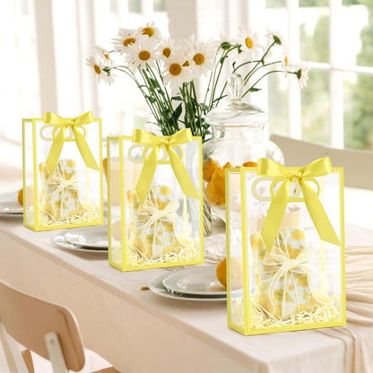 Yellow Plastic Gift Bags with Handles, 12 Pack | With Ribbon, Clear, 7.1 x 3.1 x 10.2 Inch, For Party Favor, Goodie, Birthday, Wedding, Bachelorette Party
