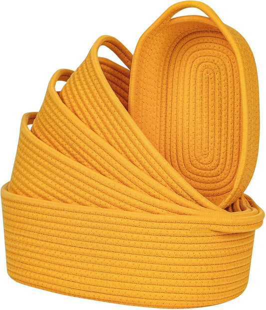 Small Cotton Rope Storage Basket Set 5, Shelves Baskets for Organizing with Handle, Decorative Closet Storage Bins for Countertop Toilet Paper Basket for Toilet Tank Top,Yellow Basket