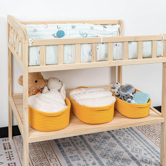 Small Cotton Rope Storage Basket Set 5, Shelves Baskets for Organizing with Handle, Decorative Closet Storage Bins for Countertop Toilet Paper Basket for Toilet Tank Top,Yellow Basket