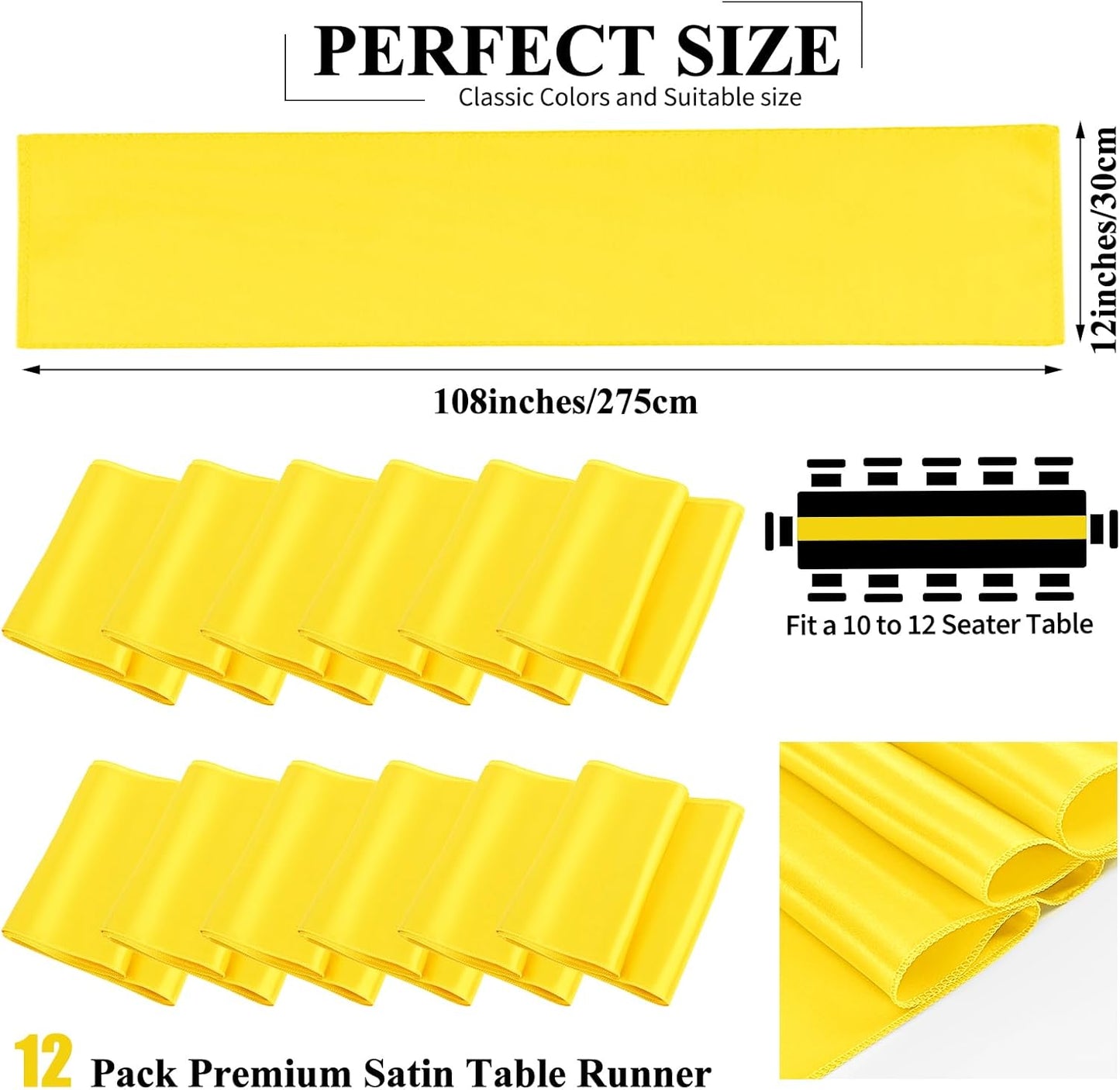 12 Pack Yellow Satin Table Runner 12 x 108 inch Long Premium Smooth Table Runner for Wedding, Banquets, Birthday, Party, Graduation, Engagements,Table Runners fit Rectangle and Round Table