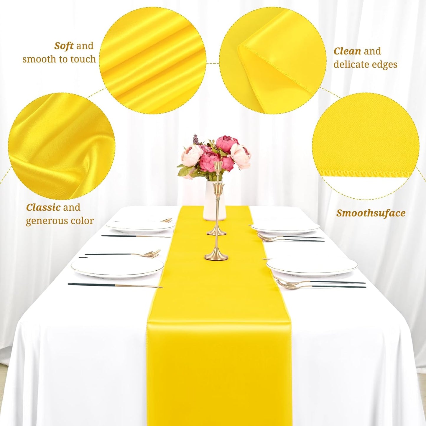 12 Pack Yellow Satin Table Runner 12 x 108 inch Long Premium Smooth Table Runner for Wedding, Banquets, Birthday, Party, Graduation, Engagements,Table Runners fit Rectangle and Round Table