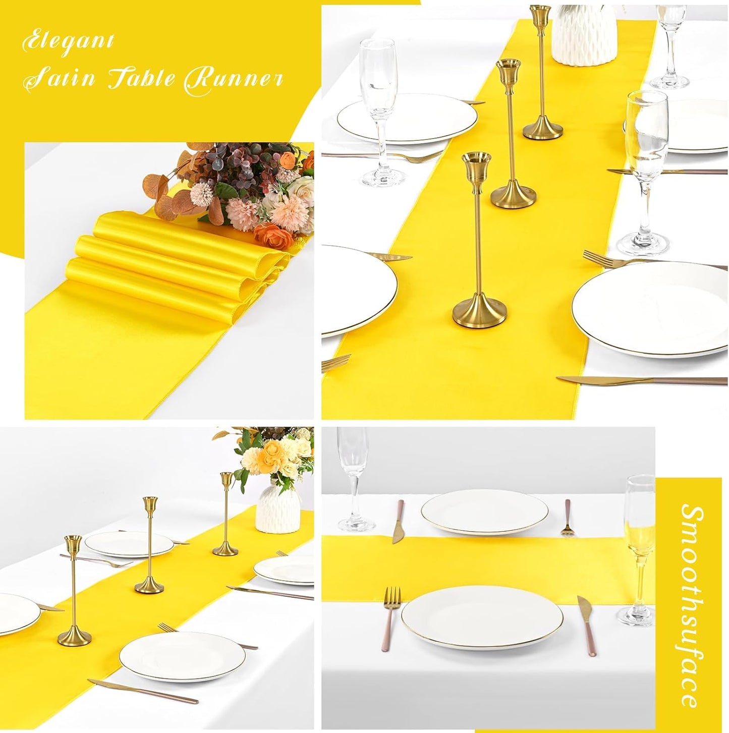 12 Pack Yellow Satin Table Runner 12 x 108 inch Long Premium Smooth Table Runner for Wedding, Banquets, Birthday, Party, Graduation, Engagements,Table Runners fit Rectangle and Round Table