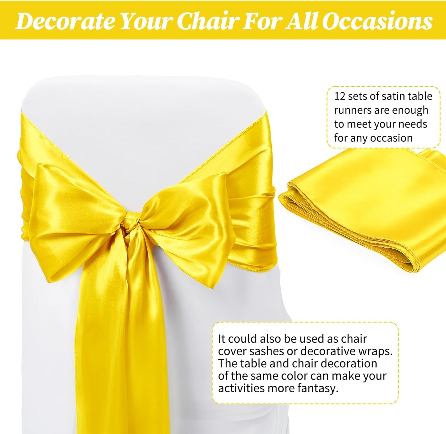 12 Pack Yellow Satin Table Runner 12 x 108 inch Long Premium Smooth Table Runner for Wedding, Banquets, Birthday, Party, Graduation, Engagements,Table Runners fit Rectangle and Round Table