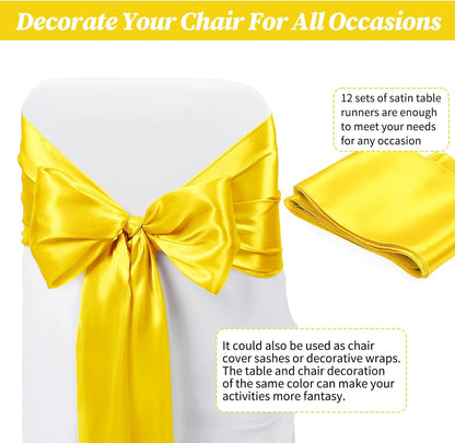 12 Pack Yellow Satin Table Runner 12 x 108 inch Long Premium Smooth Table Runner for Wedding, Banquets, Birthday, Party, Graduation, Engagements,Table Runners fit Rectangle and Round Table