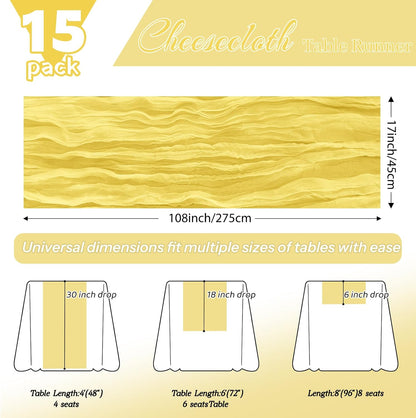 15Pack Light Yellow Cheesecloth Table Runner 17 x 108 inch Yellow Table Runner Boho Gauze Cheese Cloth Table Runner Semi Sheer Table Runner for Wedding Bridal Baby Shower Farmhouse Party Home Decor