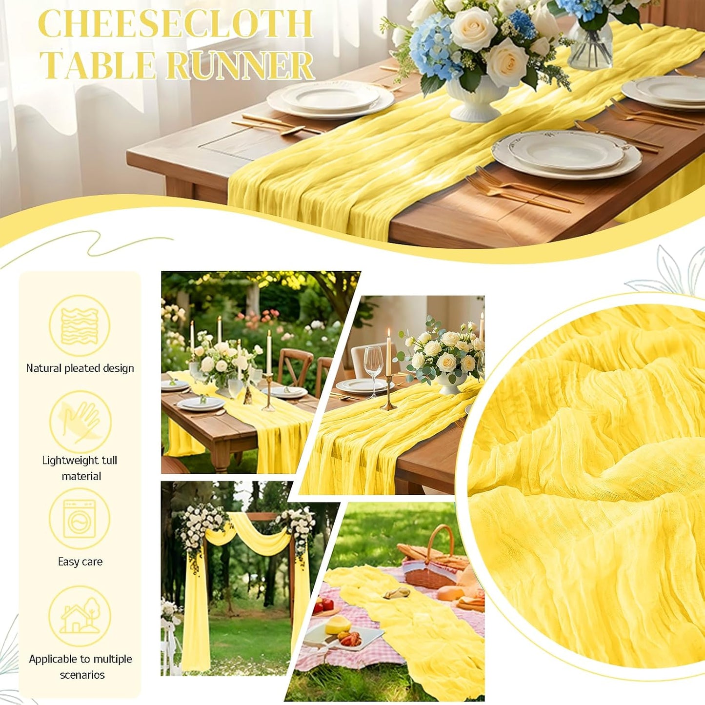 15Pack Light Yellow Cheesecloth Table Runner 17 x 108 inch Yellow Table Runner Boho Gauze Cheese Cloth Table Runner Semi Sheer Table Runner for Wedding Bridal Baby Shower Farmhouse Party Home Decor