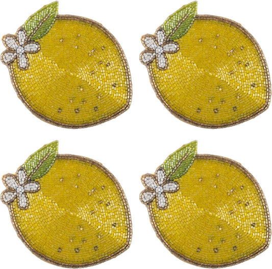 Karma, Lemon Beaded Drink Coasters Set of 4, Summer Round Beaded Coasters for Dinning Table and Coffee Table, Lemon